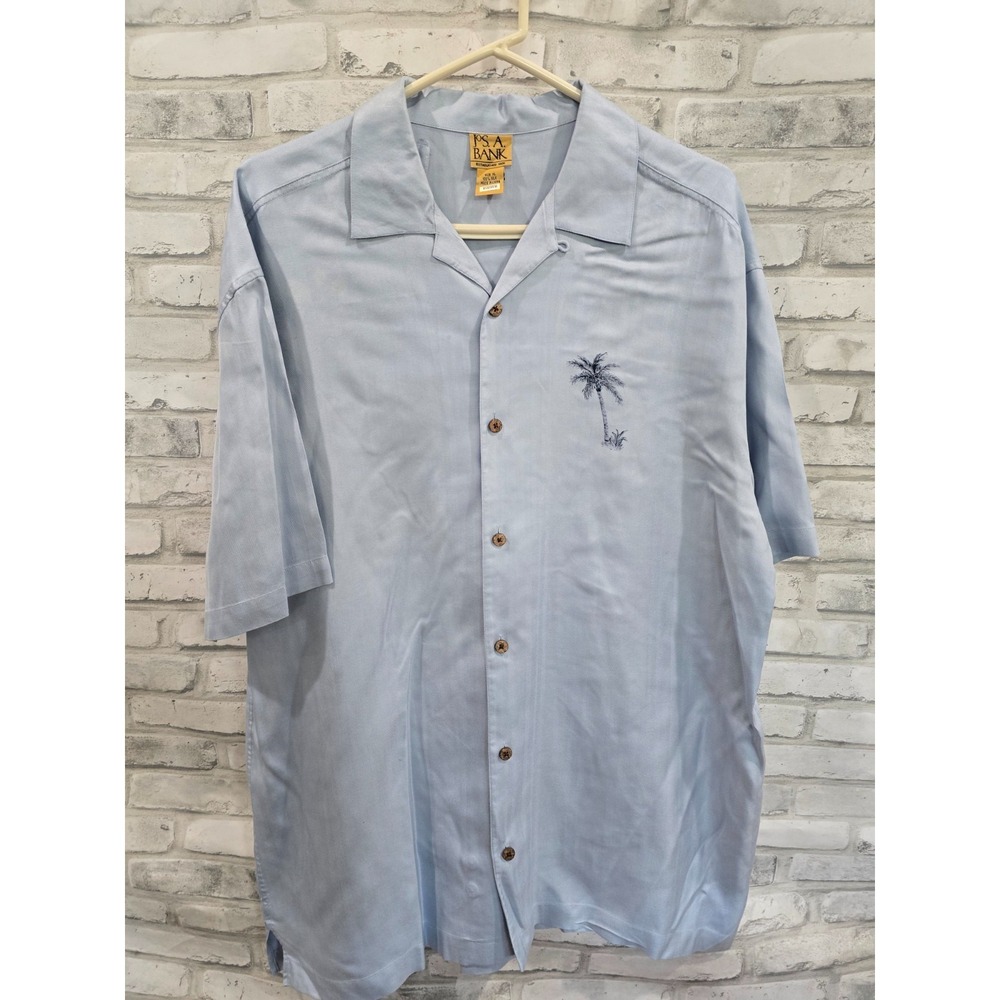 Jos A Bank Shirt 100% Silk Mens Size XL Hawaiian Palm Trees Loop Collar Blue
